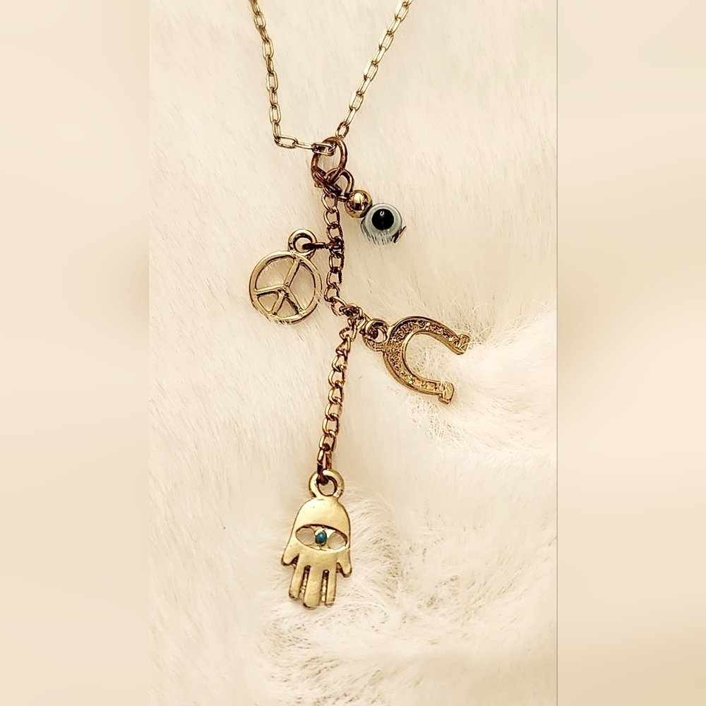 Hamsa Hand Evil Eye Horseshoe Peace Sign Necklace - Picture 10 of 14